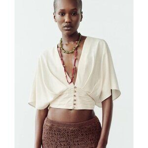 Zara Pleated Rustic Cropped Top - NWT - Size Small - Ecru Ivory - Crop Top - New